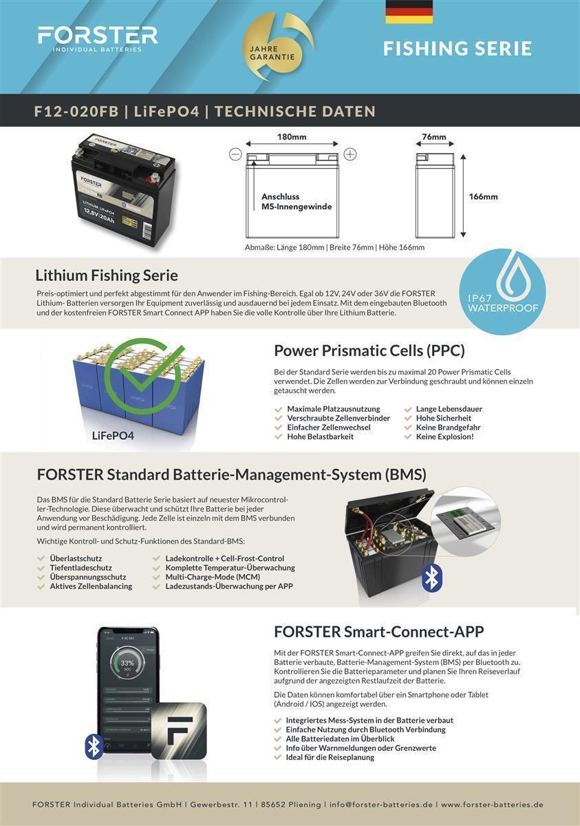 Forster 20Ah 12.8V Lithium Fishing Battery | BMS | Smart Bluetooh | IP67