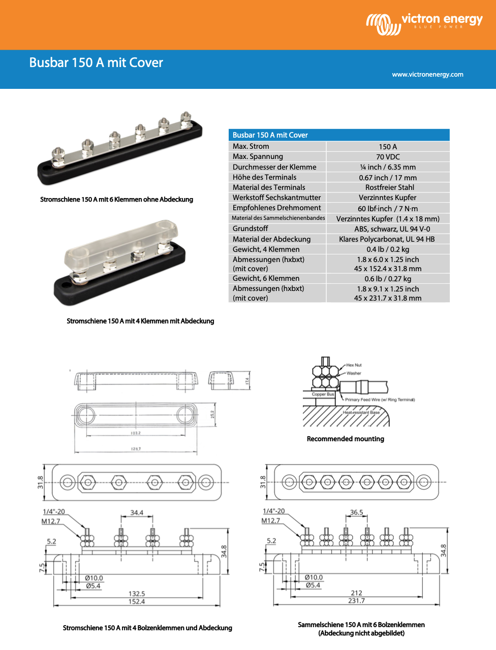 Victron Busbar 150A 6P+Cover