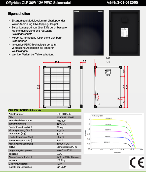 Offgridtec® OLP 30W Solar Panel 12V Shingle Technology PERC