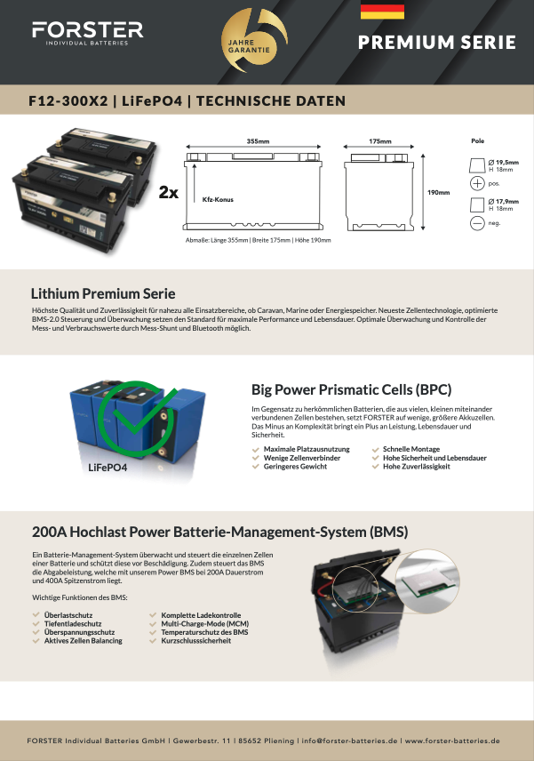 FORSTER 300Ah 12,8V Lithium LiFePO4 Premium Batterie | 400A-BMS-2.0 | 3840Wh | IP67