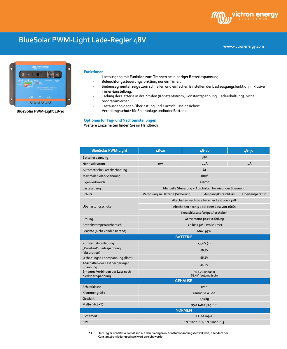 Victron BlueSolar PWM-Light 48V-10A Solarregler
