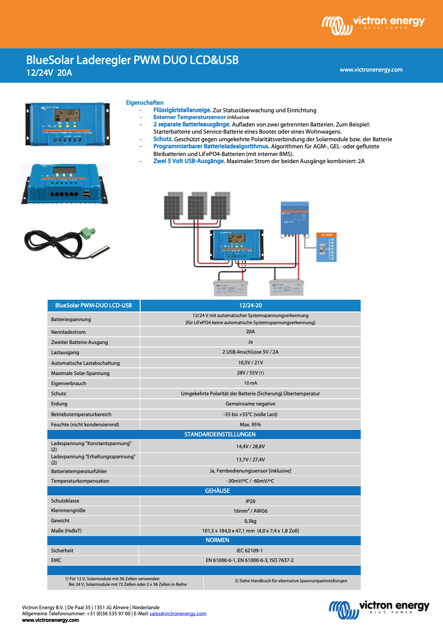 Victron BlueSolar PWM DUO-LCD&USB 12/24V-20A Solarregler