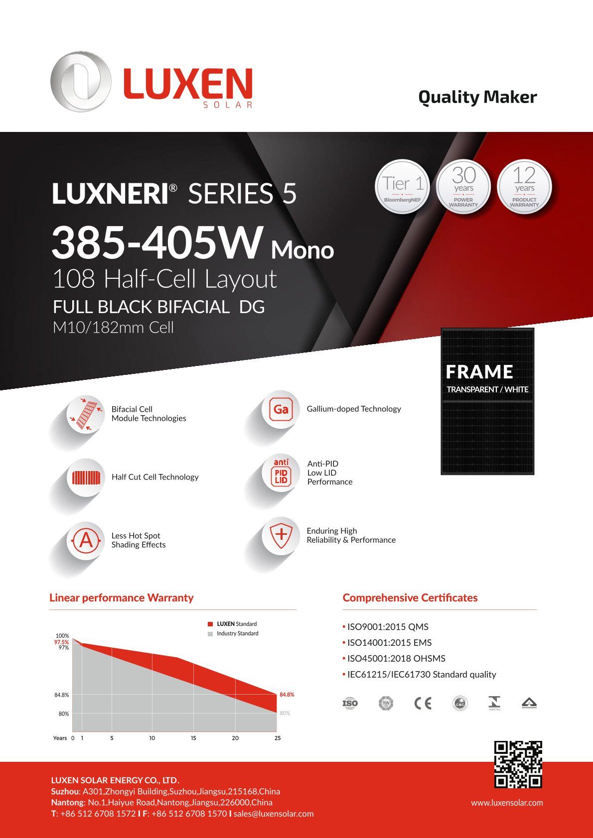 Luxen Solar 405W Mono Bifacial Glass-Glass Solar Panel S5 Full Black Half-Cut