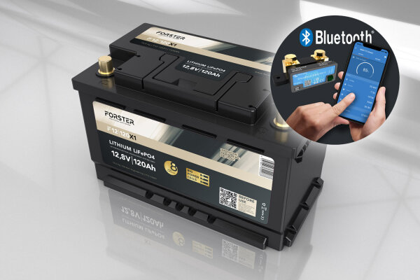 FORSTER 120Ah 12,8V LiFePO4 Premium Batterie 200A-BMS-2.1 500A Bluetooth Mess-Shunt Ducato Ford PSA VWT6 TGE 1536Wh IP67
