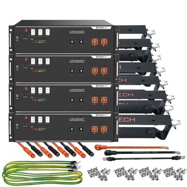 4x Pylontech US3000C LiFePO4 48V + Brackets + Anschlusskabel 14kWh Speicherpaket