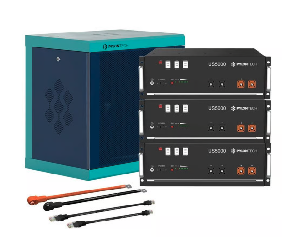 Pylontech 3x US5000 LiFePO4 Batterie 14,4kWh mit Wechselrichter-Anschlusskabelset und Batterieschrank